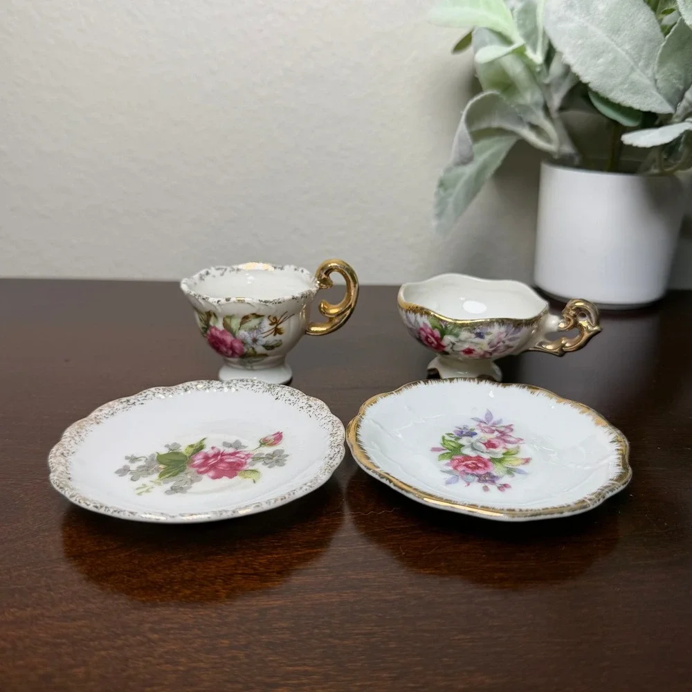Vintage Enesco Miniature Floral Porcelain‎ Teacup and Saucer Set of 2 Japan Gold